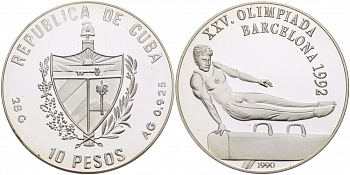 Куба 10 песо 1990 XXV летние Олимпийские игры 1992 года в Барселоне, гимнаст на коне KM 369 серебро PROOF 04-136-11