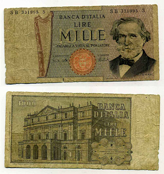 Италия 1000 лир 1969 Джузеппе Верди, Милин Ла Скала Pick 101а бумага 8588-10-3-2