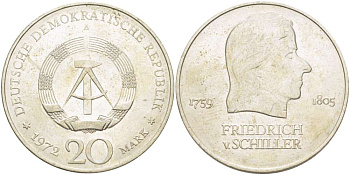 ГДР 20 марок 1972 А, Фридрих Шиллер (1759-1805) KM 40 медно-никель 4521-631