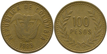 Колумбия 100 песо 1993 KM 285.1, Restrepo 445.2 латунь 4538-1235