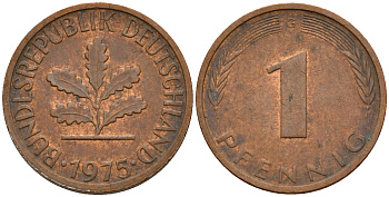 ФРГ 1 пфенниг 1975 G KM 105, J. 380 сталь плакированная медью    4598-547