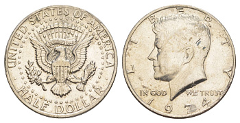 США 1/2 доллара (50 центов) 1974 Джон Кеннеди KM 202b медь плакированная медно-никелем aUNC 4536-1014