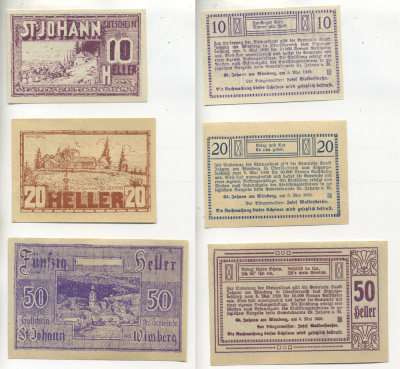 Австрия набор из 3 банкнот 1920 5 мая 1920, нотгельд, ST. JOHANN am WIMBERG   бумага  aUNC  7555-3-1-1