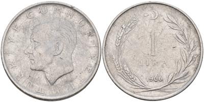 Турция 1 лира 1966 Мустафа Кемаль Ататюрк  KM 889a.1 нержавеющая сталь 4595-514