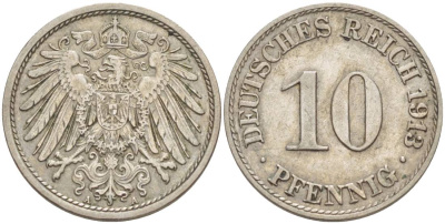 Германия 10 пфеннигов 1913 A KM 12, Jager 13, Weege 8 медно-никель 219-231