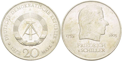 ГДР 20 марок 1972 А, Фридрих Шиллер (1759-1805) KM 40 медно-никель 4521-631