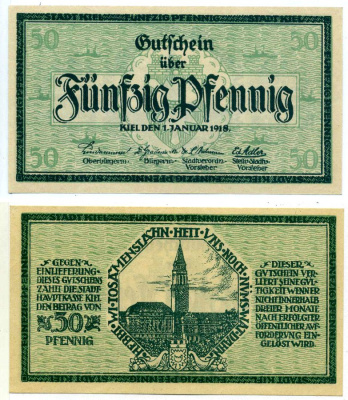 Киль 50 пфеннигов 1918 1 января 1918, нотгельд, земля Шлезвиг-Гольштейн Grabowski K22.5 бумага 2195-14-3-2