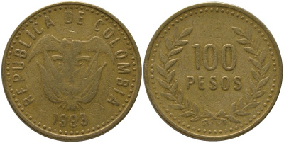 Колумбия 100 песо 1993 KM 285.1, Restrepo 445.2 латунь 4538-1235