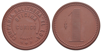 Чили, Курико (Curico), Антофагаста шахтерский жетон с Селитряного рудника для покупки в местных магазинах, номиналом в 1 песо 1880-1920 диаметр 40,5 мм, вес 5,68 гр Espinosa 86.3 эбонит (красный) 1094-11-62