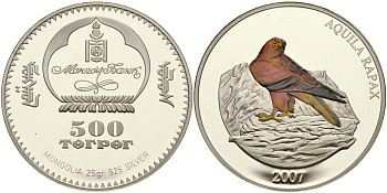Монголия 500 тугриков 2007 степной орел KM 293 серебро PROOF 1098-5-44