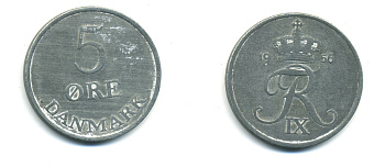 ДАНИЯ 5 ЭРЕ 1956 C; S, ФРЕДЕРИК IX (1947-1972) KM 843.2 цинк 80-1154