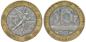 Франция 10 франков 1991 тип гений Бастилии KM 964.1, Le Frank 375.6 биметалл 45-924