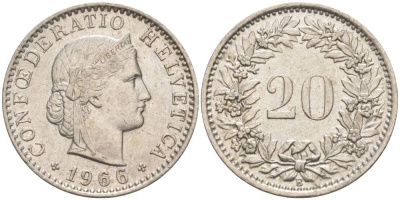 ШВЕЙЦАРИЯ 20 РАППЕНОВ 1966 В KM 29a медно-никель 55-844