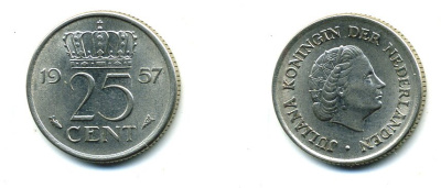 Нидерланды 25 центов 1957 Юлиана (1949-1980) KM 183 никель 76-365