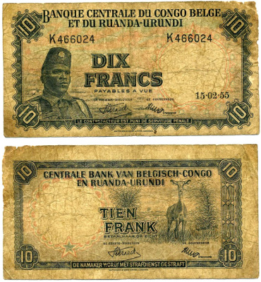 Бельгийское Конго 10 франков 1955 15 Февраля 1955, Солдат "Общественных сил" (Аскари), антилопа Pick 30а  бумага   2119-3-3-1