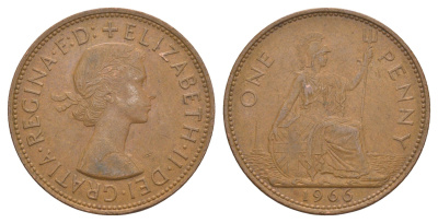 Великобритания 1 пенни 1966 Елизавета II (1952-2022) KM 897, Spink 4157 бронза 4634-932