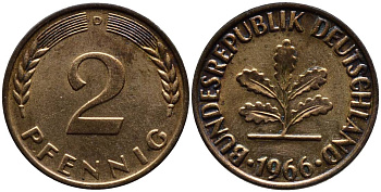 ФРГ 2 пфеннига 1966 D KM 106, Jager 381 бронза 4546-941