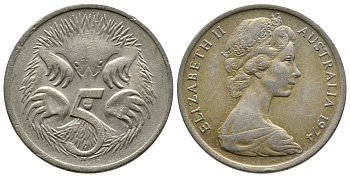 АВСТРАЛИЯ 5 ЦЕНТОВ 1974 ЕЛИЗАВЕТА II, МОЛОДОЙ ПОРТРЕТ, ЕХИДНА KM 64 медно-никель 84-431