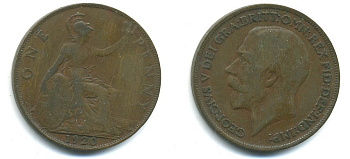Великобритания 1 пенни 1920 Георг V (1910-1936) KM 810, Spink 4051 бронза 37-1221