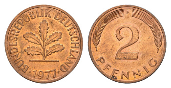 ФРГ 2 пфеннига 1977 F KM 106a, J. 381a сталь плакированная медью UNC 4669-1242