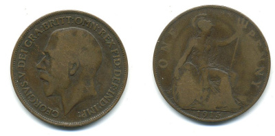 Великобритания 1 пенни 1915 Георг V (1910-1936) KM 810, Spink 4051 бронза 4110-132