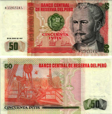 Перу 50 инти 1987 Николас де Пьерола, президент Pick 131 b бумага UNC (пресс) 7214-53-2-1