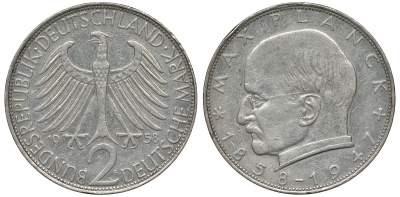 ФРГ 2 марки 1958 F, Макс Планк KM 116, J. 392 медно-никель плакированный никелем 4681-641