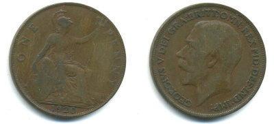 Великобритания 1 пенни 1920 Георг V (1910-1936) KM 810, Spink 4051 бронза 37-1221