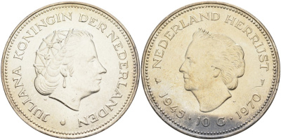 Нидерланды 10 гульденов 1970 25 лет освобождения от фашизма (1945-1970), Юлиана KM 195 серебро UNC 4368-834