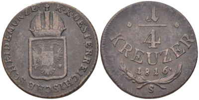 АВСТРИЯ 1/4 КРЕЙЦЕРА 1816 S, ФРАНЦ II (1792-1835) KM 2107 медь 201-862