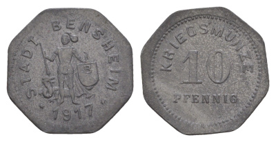 Бенсхайм 10 пфеннигов 1917 Funck 34.3, Men05 1739.4, Men18 2245.4 цинк 4636-849