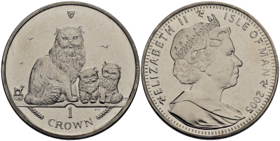 Остров Мэн 1 крона 2005 гималайская кошка с котятами КМ 1266 медно-никель UNC 118-235