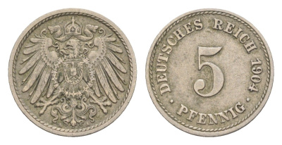 Германия 5 пфеннигов 1904 A, Вильгельм II (1888-1918) KM 11, J. 12 медно-никель 4647-861