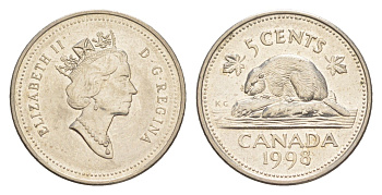 Канада 5 центов 1998 Елизавета II (1952-2022), бобр KM 182 медно-никель 4636-624