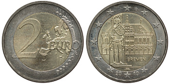 ФРГ 2 евро 2010 F, Бремен, городская ратуша и Роланд, серия Федеральные земли Германии KM 285 биметалл 3856-715