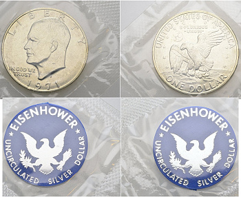 США 1 доллар 1971 S, Президент Эйзенхауэр, лунный орел, запайка с жетоном, в картонном конверте KM 203a серебро UNC 3-4-8-18