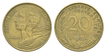 Франция 20 сантимов 1963 тип Марианна KM 930, Le Franc 156.3 алюминиевая бронза 4641-1011