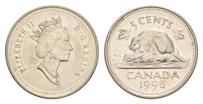 Канада 5 центов 1998 Елизавета II (1952-2022), бобр KM 182 медно-никель 4636-624