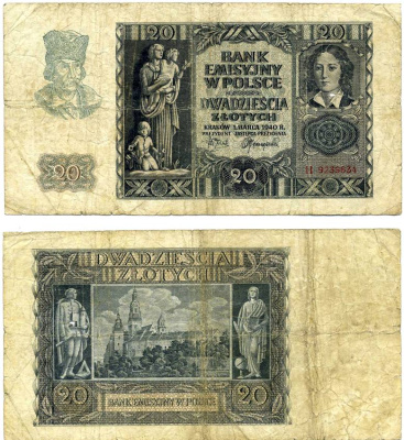 Польша 20 злотых 1940 Эмилия Плятер, королевский замок в Вавеле, Краков Pick 95, Розенберг 575 бумага 8588-86-2-1