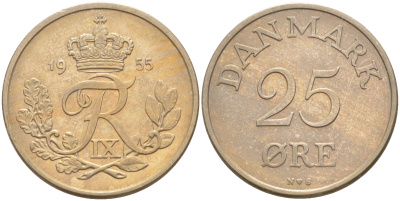 Дания 25 эре 1955 N; S, Фредерик IX (1947-1972) KM 842.1 медно-никель UNC 106-227