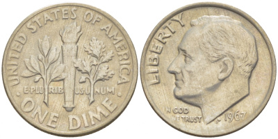 США 10 центов (дайм) 1967 Рузвельт KM 195a медь плакированная медно-никелем 214-714