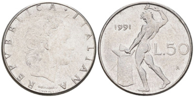 Италия 50 лир 1991 R, бог огня Вулкан у наковальни KM 95.2 нержавеющая сталь 4549-652