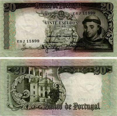 Португалия 20 эскудо 1964 Антоний Падуанский Pick 167 b бумага 6281-26-1-2
