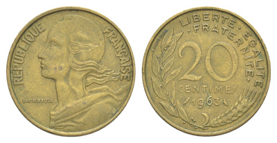Франция 20 сантимов 1963 тип Марианна KM 930, Le Franc 156.3 алюминиевая бронза 4641-1011