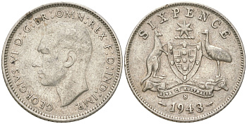 Австралия 6 пенсов 1943 S, Георг V (1936-1952) KM 38 серебро 4623-233