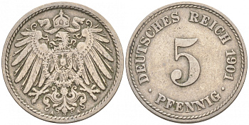ГЕРМАНИЯ 5 ПФЕННИГОВ 1901 A, KM 11, J. 12 медно-никель 73-253