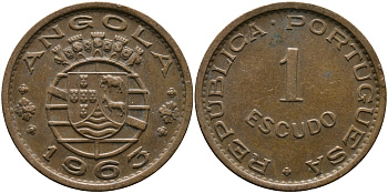 Португальская Ангола 1 эскудо 1963 KM 76 бронза 33-921
