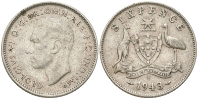 Австралия 6 пенсов 1943 S, Георг V (1936-1952) KM 38 серебро 4623-233