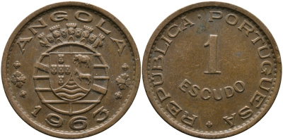 Португальская Ангола 1 эскудо 1963 KM 76 бронза 33-921