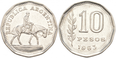Аргентина 10 песо 1963 Гаучо KM 60 никелированная сталь 68-611